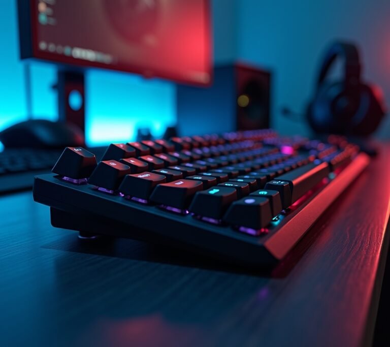 Gaming keyboard with RGB lighting on desk